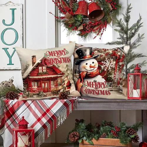 Miniatura 5 de Lanpn Juego de 4 fundas de almohada de Navidad de 16 x 16 pulgadas, cojín de decoración de Navidad, almohadas rojas de Navidad, funda de almohada