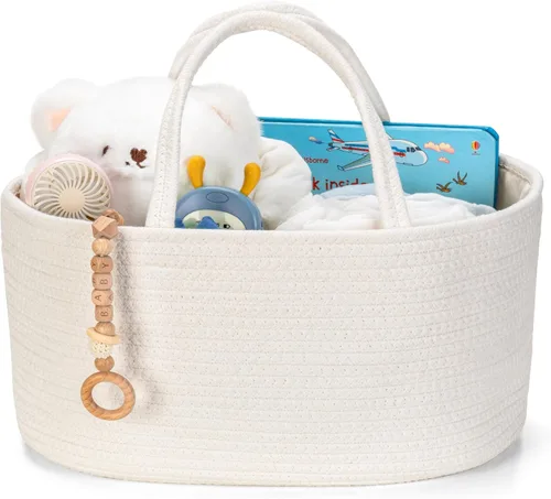 Miniatura 15 de Organizador de pañales, cesta de regalo vacía para artículos esenciales para recién nacidos, cesta de almacenamiento de bebé, elegante bolsa