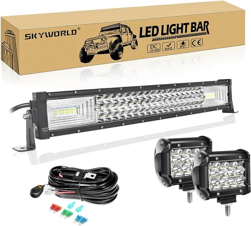 SKYWORLD Barra de Luz LED de 22 pulgadas Recta 270W Combo de Foco e Inundación Barra de Luces Todo Terreno + 2PCS Pods LED de 4 Pulgadas 36W de Foco