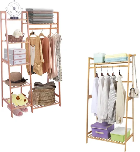 Ufine Estante de ropa de bambú con estante de almacenamiento Soporte de ropa portátil para dormitorio habitación de invitados