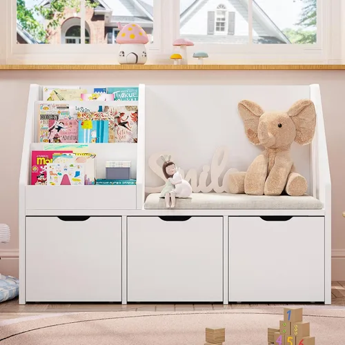 Miniatura 9 de Rincón de lectura para niños de 40 pulgadas con banco, organizador de almacenamiento de juguetes y estantería con cojín de asiento, estantería
