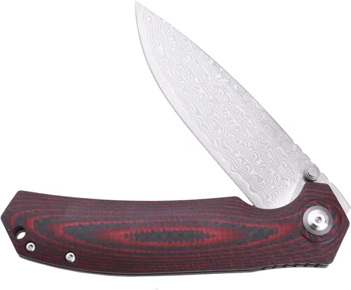 SHIELDON Charkos - Cuchillo plegable VG10 Core 67 capas de acero de Damasco de 4 pulgadas, hoja de punto de caída, Scarlet G10, mango de fibra de