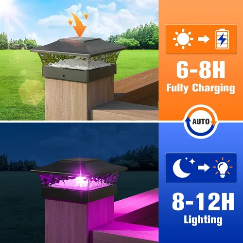 Miniatura 5 de APONUO - Luces solares para punta de poste con 8 colores RGB sólidos y flujo multicolor - Paquete de 4 luces solares para postes de 6x6, IP65