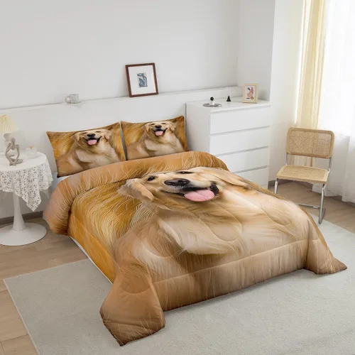 Miniatura 2 de Feelyou Juego de edredón Golden Retriever con estampado de perro para niños y adultos, lindo juego de edredón de cachorro, suave, cálido, esponjoso