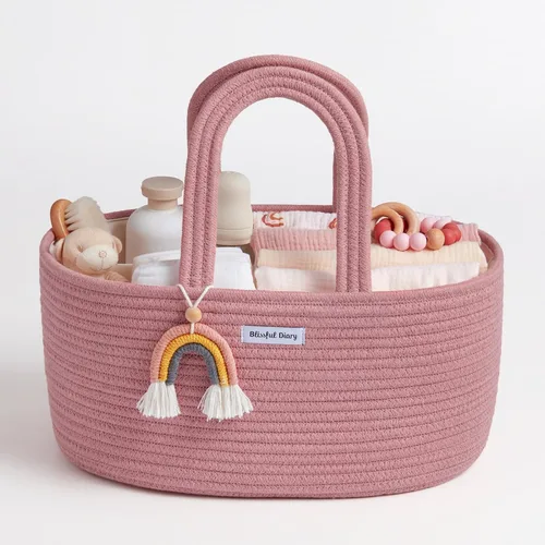 Miniatura 9 de Blissful Diary Organizador de Caddy de Pañales para Bebé, Cesta Caddy de Pañales de Cuerda de Algodón, Cesta de Almacenamiento Grande para Niños