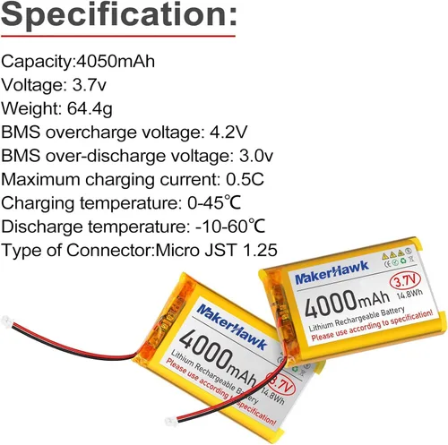 Miniatura 3 de MakerHawk Batería LiPo de 3.7 V 4000 mAh recargable 1S 124065 Batería de polímero de litio con placa de protección cinta de goma aislada, enchufe