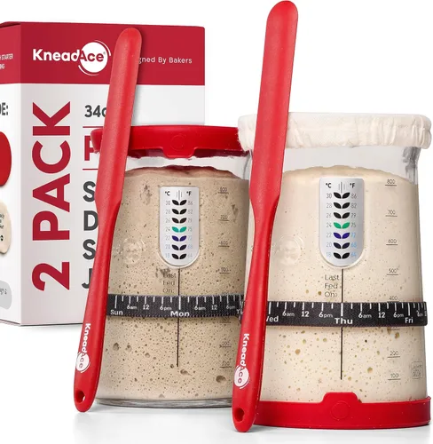 KNEADACE Pro - Kit de inicio de masa madre – Tarro de fermentación de vidrio de gran capacidad de 34 onzas con tapa y rastreador, fermentador básico