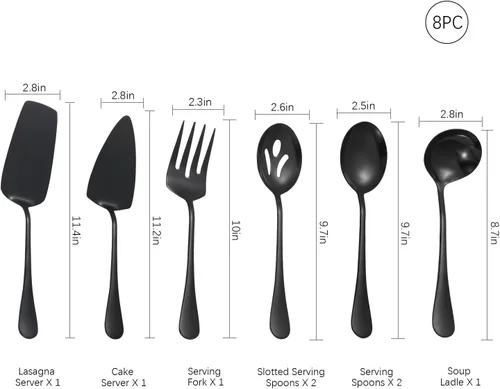 Miniatura 2 de Utensilios negros para servir, juego de 8 utensilios de acero inoxidable para servir, incluye cucharas de servir, tenedor de servir, cucharón
