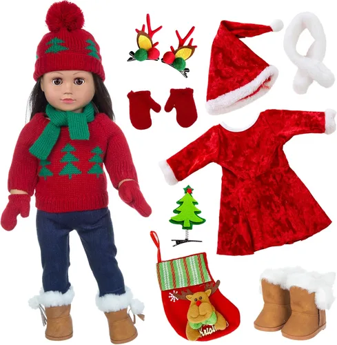 Miniatura 8 de ebuddy Ropa y accesorios para muñecas de 18 pulgadas, juego de disfraz de Navidad que incluye vestido, chaleco de piel, medias, botas, pinzas