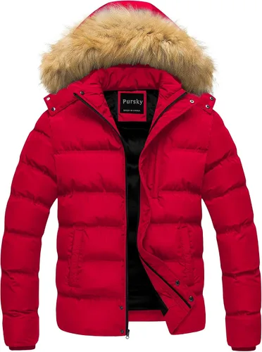 Miniatura 8 de Pursky Chaqueta de plumón impermeable para hombre, abrigos de invierno con capucha de piel para esquiar, parka con capucha de piel