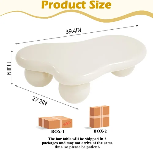 Miniatura 2 de Mesa de centro en forma de nube de 40 pulgadas, modernas mesas de centro ovaladas irregulares con 3 bases, mesa central color crema para dormitorio