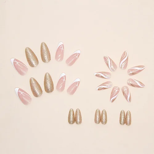 Miniatura 2 de Uñas postizas acrílicas artificiales de almendra media con diseño de estrellas onduladas blancas, cobertura completa, reutilizables, estilo ataúd