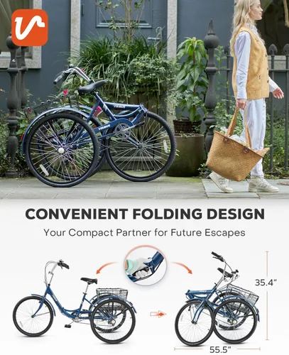 Miniatura 2 de VIRIBUS Triciclo plegable para adultos, triciclo plegable de 7 velocidades para adultos con cesta con ruedas extraíble, bicicletas plegables de 3