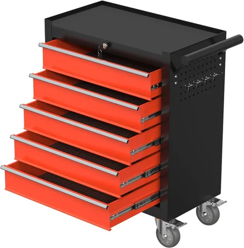 Miniatura 13 de Caja de herramientas con ruedas de 5 cajones, armario de almacenamiento de herramientas de metal con cerradura y llaves y giratorio, caja de Naranja