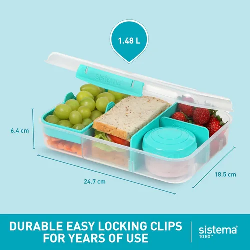 Miniatura 5 de Sistema TO GO Bento Box Create - Loncheras escolares de 1.48 L con compartimentos y recipiente para snacks sin BPA, 2 unidades, color verde menta