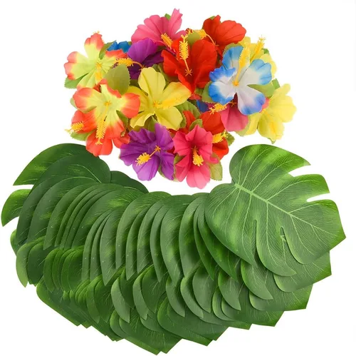 KUUQA 60 piezas de suministros de decoración de fiesta tropical de 8 pulgadas, hojas y flores de hibisco Palmtera, hoja de simulación para fiesta