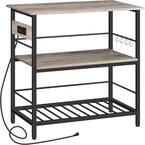 Miniatura 10 de HOOBRO Isla de cocina con almacenamiento, mesa de isla de cocina con toma de corriente, estación de café de 3 niveles y soporte para microondas