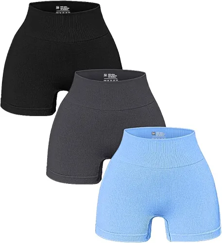 OQQ - Pantalones cortos de yoga para mujer, acanalados, sin costuras, de cintura alta, leggings atléticos, 3 piezas