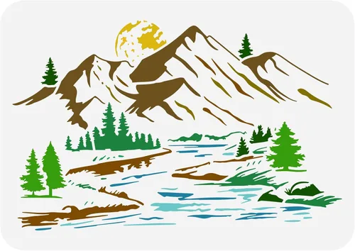 FINGERINSPIRE Plantilla de montaña de 8.3 x 11.7 pulgadas, reutilizable, río, naturaleza, paisaje, plantilla de pintura, bricolaje, manualidades,