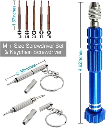 Miniatura 2 de Kit de reparación de lentes, juego de destornilladores de precisión multifuncionales 5 en 1 (torxT5 ~ T6, +1.5, -1.5, star0.8) con mini Azul
