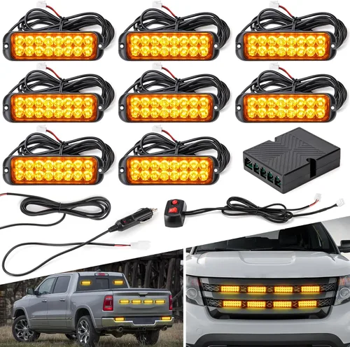 Miniatura 10 de Kit de Luces Estroboscópicas LED Ámbar Blanco - 8PCS 16-LED Luz de Advertencia de Peligro Intermitente de Emergencia 12V Función de Sincronización
