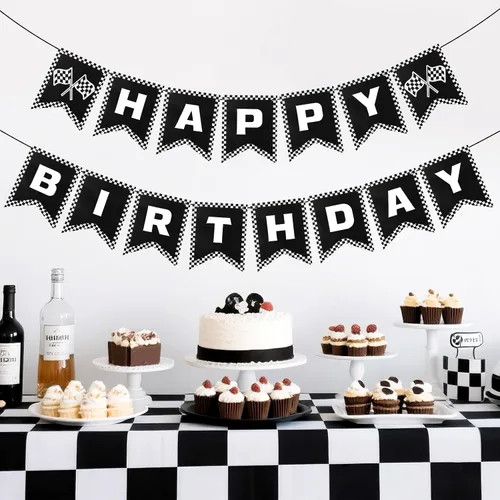 Miniatura 3 de Cartel de feliz cumpleaños de coche de carreras, decoraciones de fiesta de coche de carreras, bandera a cuadros en blanco y negro, bandera de fiesta