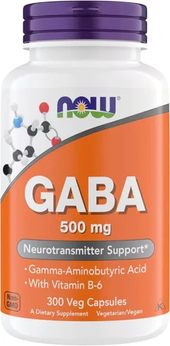 NOW Foods Suplementos, GABA (ácido gamma-aminobutírico) 500 mg + B-6, neurotransmisor natural*, 300 cápsulas vegetales
