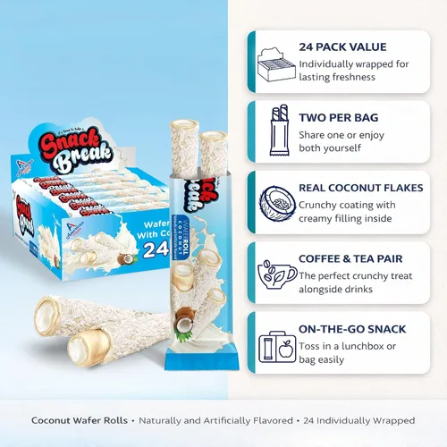 Miniatura 3 de Snack Break Snacks de oblea enrollada de coco con relleno cremoso de coco, bocadillos de oblea envueltos individualmente, (paquete de 24)