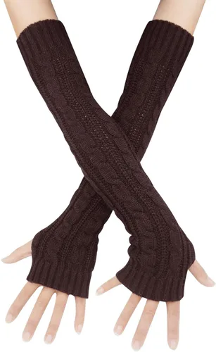 Miniatura 19 de Bellady Guantes de invierno para mujer, cálidos sobre el codo, guantes largos sin dedos con agujero para el pulgar, guantes de punto para calentar