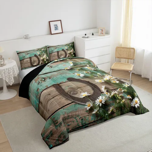 Miniatura 3 de Juego de ropa de cama rústica de granja color verde azulado con puerta de granero de madera, edredón de plumas tamaño Queen, decoración occidental