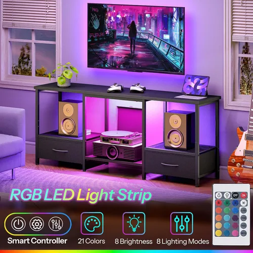 Miniatura 2 de HOOBRO Soporte de TV LED con almacenamiento, centro de entretenimiento LED con estantes abiertos y cajón, se adapta a televisores de hasta 55 Negro
