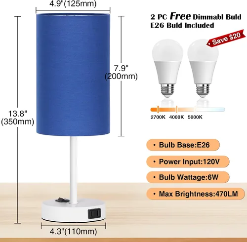 Miniatura 4 de ZJOJO Juego de 2 lámparas de mesa para dormitorio, lámparas pequeñas de noche con interruptor basculante regulable de 3 vías y toma de corriente