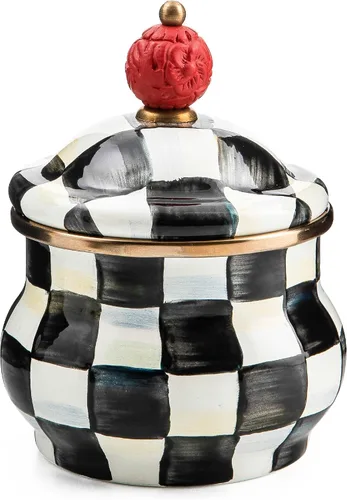MACKENZIE-CHILDS Azucarero de esmalte con tapa, tazón pequeño para servir con tapa, capacidad de 10 onzas, cuadros cortesanos en blanco y negro