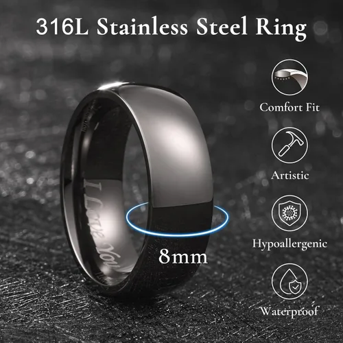 Miniatura 62 de King Will Alianza de boda de acero inoxidable 316L para hombres y mujeres, anillo de boda de 0.31 a 0.315 pulgadas de ancho, chapado en negro