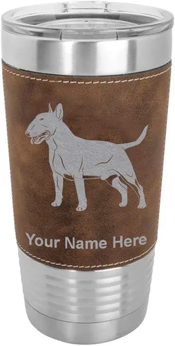 Miniatura 10 de LaserGram Vaso aislado al vacío de 20 onzas, perro Bull Terrier, grabado personalizado incluido (piel sintética, estilo béisbol)