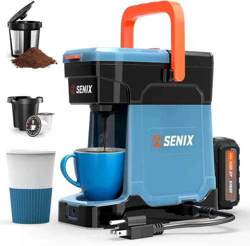Miniatura 10 de SENIX Cafetera portátil con batería de 5000 mAh, cafetera eléctrica de doble CA/CC para automóvil/RV/camping, cafetera de viaje inalámbrica al aire
