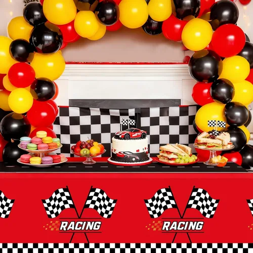 Miniatura 7 de Oigco - Paquete de 4 manteles de plástico de automóvil de carreras, decoraciones de cumpleaños de autos, mantel a cuadros para decoración