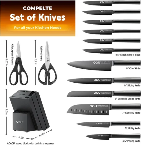 Miniatura 6 de OOU Juego de Cuchillos de Cocina con Bloque - 15 Piezas de Acero Inoxidable de Alto Carbono con Bloques de Afilado Integrados, Negro