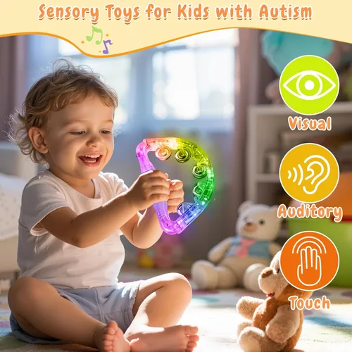 Miniatura 2 de Aywewii Pandereta LED – Juguetes sensoriales iluminados para niños con autismo y necesidades especiales, instrumento musical para niños pequeños