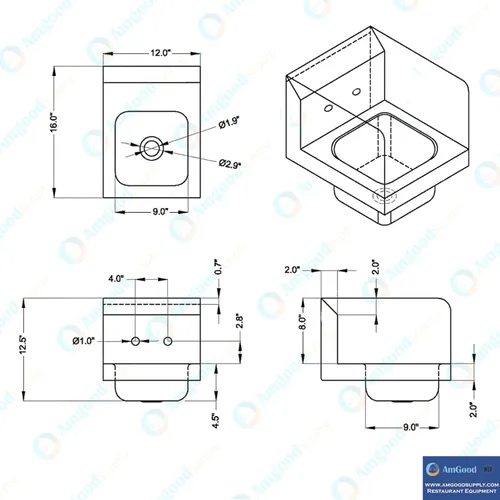 Miniatura 5 de AmGood Fregadero de mano de acero inoxidable para montaje en pared NSF Lavabo comercial de manos para restaurante, cocina y hogar