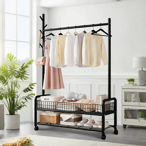 Miniatura 9 de Perchero con estantes de almacenamiento, perchero resistente con ruedas para dormitorio, sala de estar, organización de lavandería