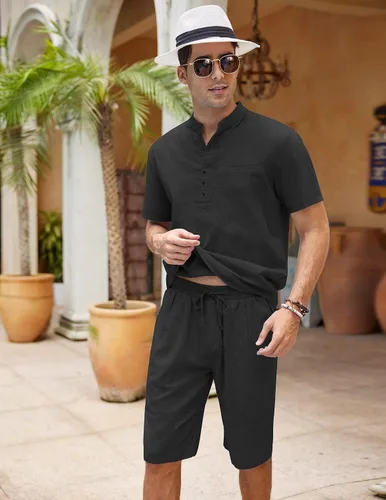 Miniatura 3 de COOFANDY Conjunto de 2 piezas de lino para hombre, camisas y pantalones cortos Henley de manga corta y pantalones cortos de verano para playa y yoga