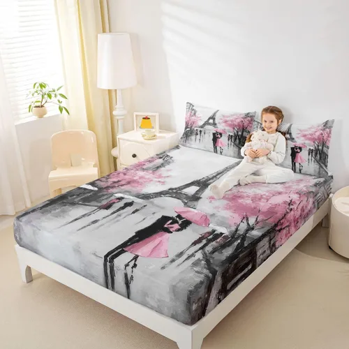 Miniatura 8 de Juego de sábanas decorativo de París con Torre Eiffel francesa, juego de 4 piezas para cama King, juego de sábanas de acuarela de cerezas