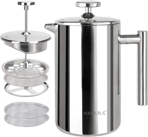 Miniatura 9 de Secura Cafetera de Prensa Francesa, Prensa de Café de Acero Inoxidable de Doble Pared Grado 304 con 2 Filtros Adicionales, 34oz (1L), Rojo