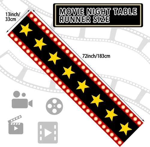 Miniatura 2 de Camino de mesa de noche de cine de 13 x 72 pulgadas con diseño de estrella dorada, decoración de alfombra negra para suministros de fiesta