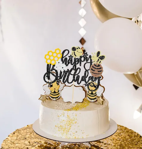 Miniatura 6 de Gyufise 1 decoración para pastel de cumpleaños con purpurina de panal de abeja para decoración de pastel de miel, abejorro, tema de abejorro, baby