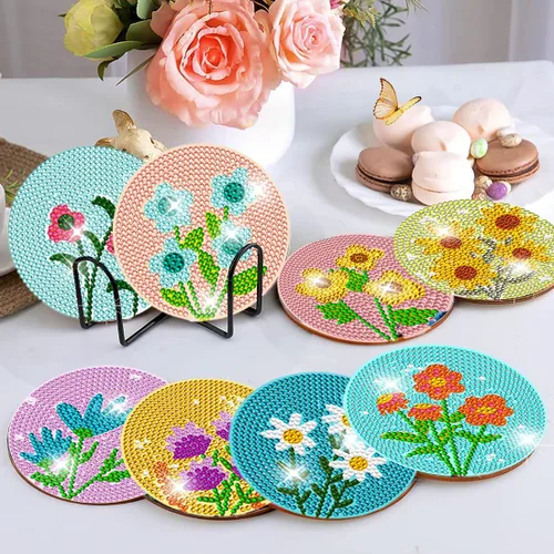 Miniatura 5 de DOTZSO Juego de 8 posavasos de arte de diamante con soporte, kits de arte de diamantes para adultos principiantes, pequeños posavasos de pintura