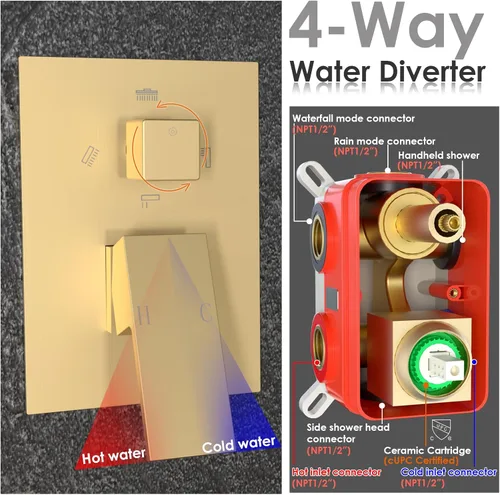 Miniatura 6 de ENGA Sistema de cabezal de ducha de lluvia doble, 2 en 1 funciones de montaje en techo, cabezal de ducha LED de 14 x 20 pulgadas con cabezal de Oro