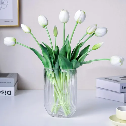 Miniatura 12 de Tulipanes falsos de tacto real premium de 16 pulgadas, flores artificiales con brotes, tallo flexible fácil de moldear, tulipanes sintéticos