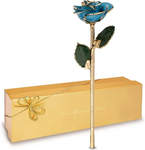 Forever Rose Rosa real con brillo azul congelado sumergida en oro de 24 quilates con pétalos de oro azul brillante y tallo dorado, rosa preservada